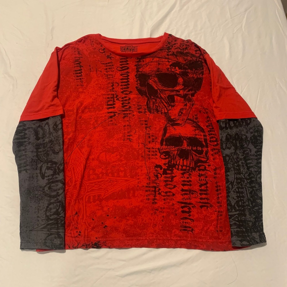 MMA Elite Mens 2XL Red Skull Graphic Layered Long Sleeve Shirt Y2K Affliction